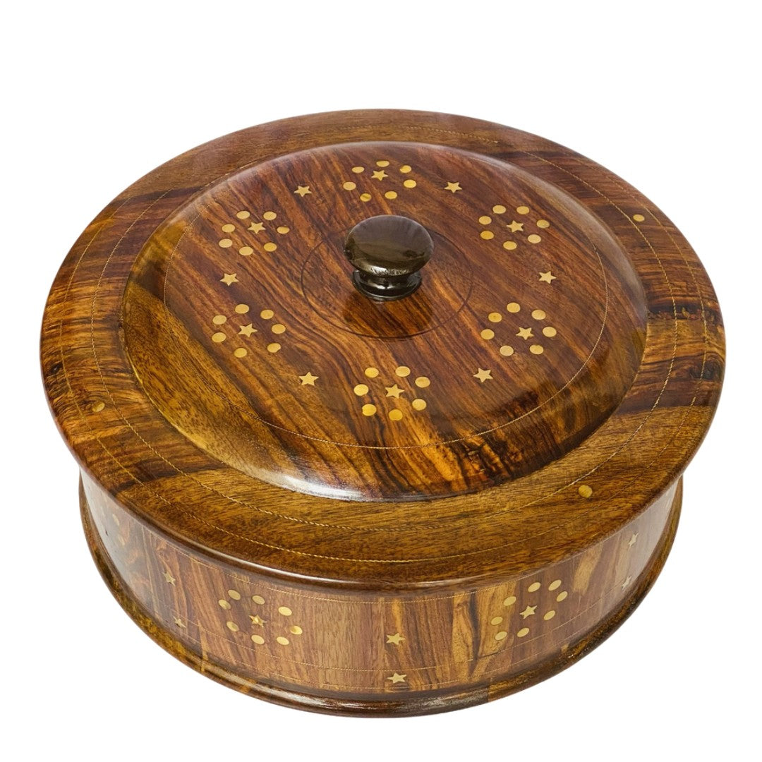 Wooden hotpot with steel and brass interior – premium insulated food server.