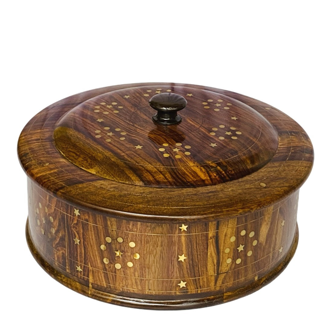 Wooden hotpot with steel and brass interior – premium insulated food server.