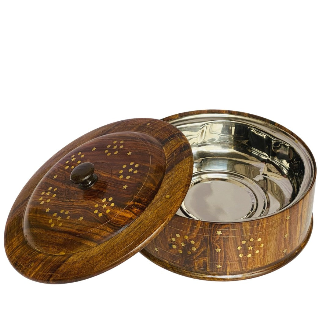 Wooden hotpot with steel and brass interior – premium insulated food server.