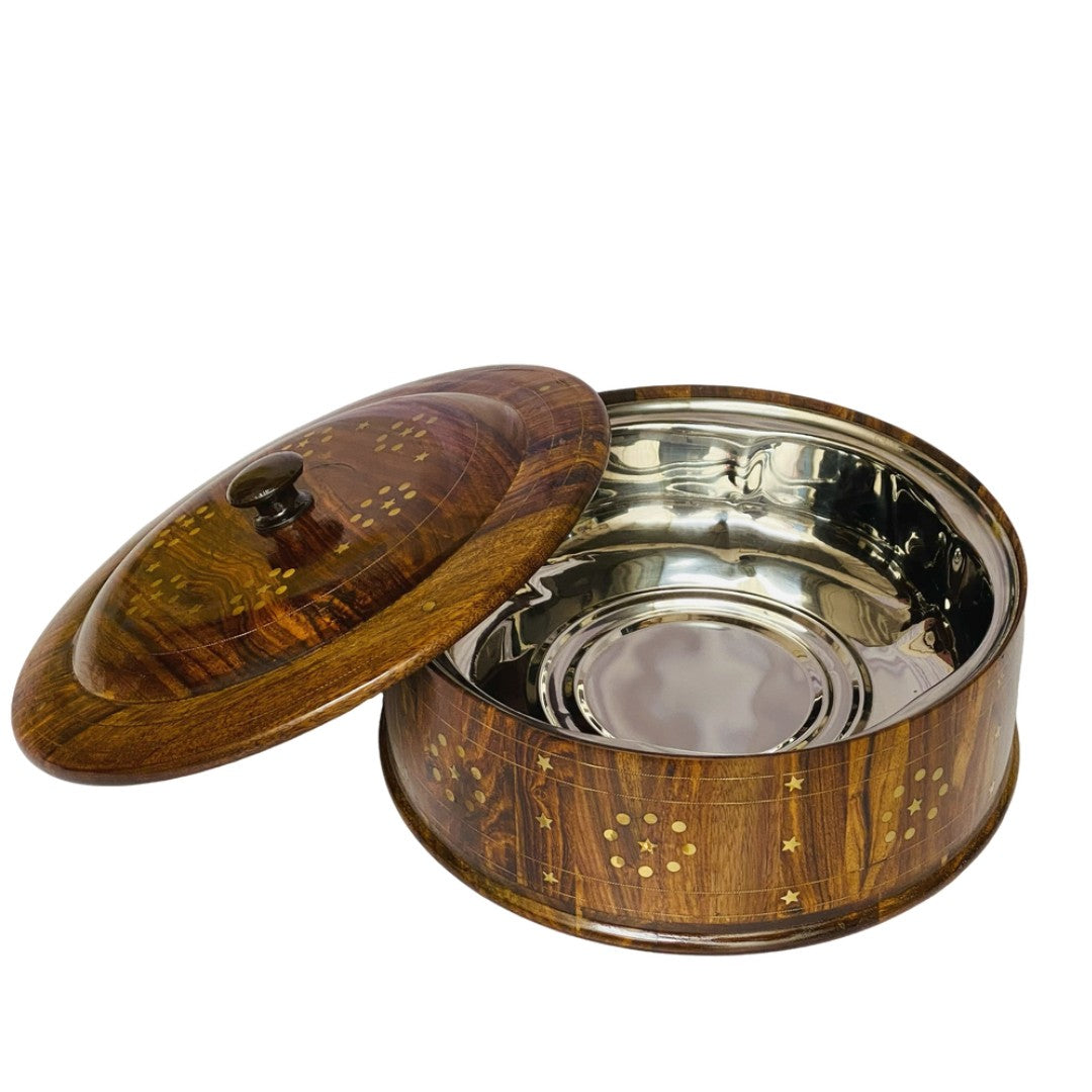 Wooden hotpot with steel and brass interior – premium insulated food server.