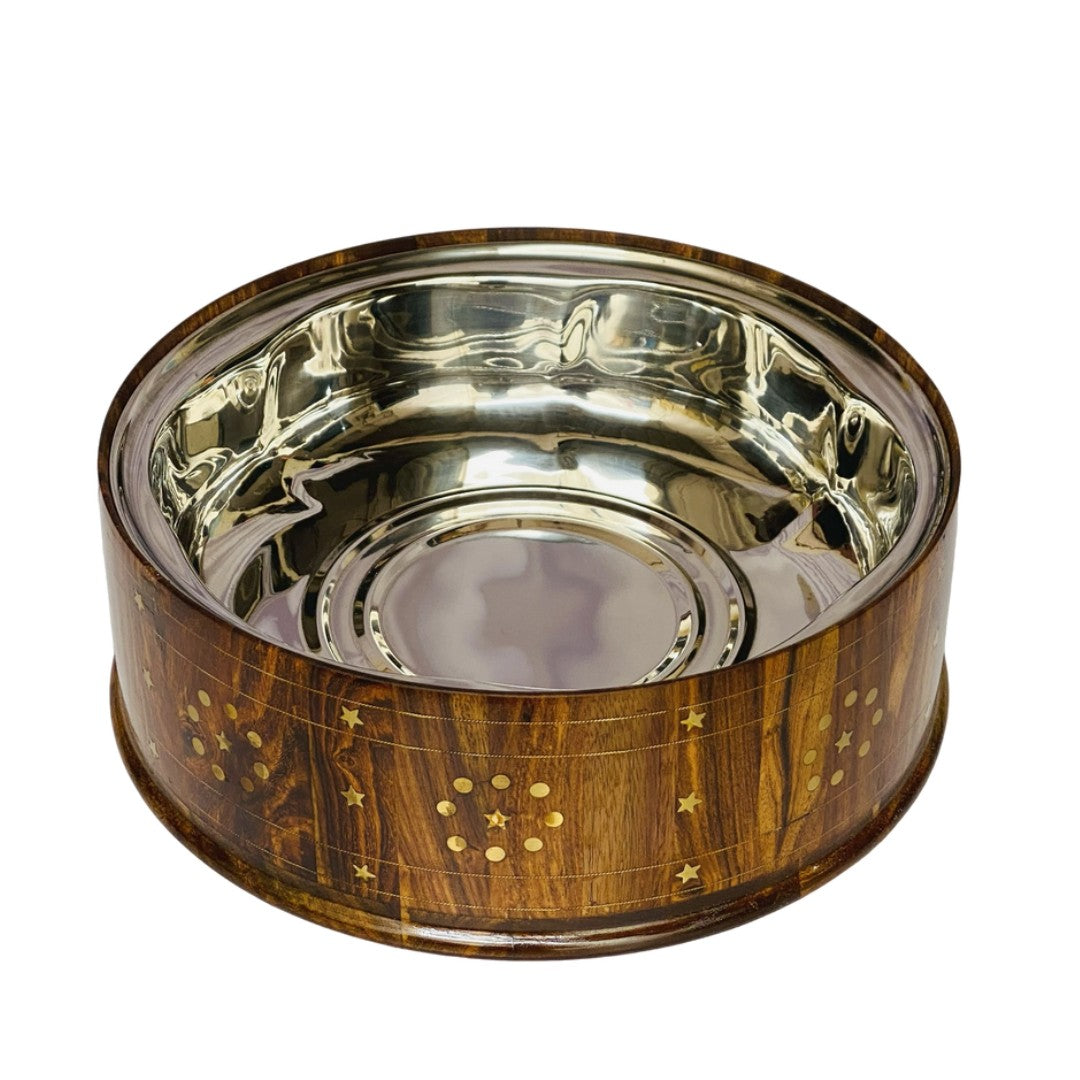 Wooden hotpot with steel and brass interior – premium insulated food server.