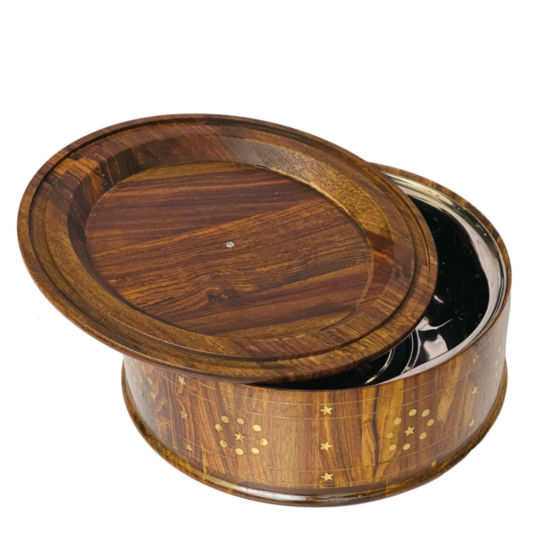Wooden hotpot with steel and brass interior – premium insulated food server.