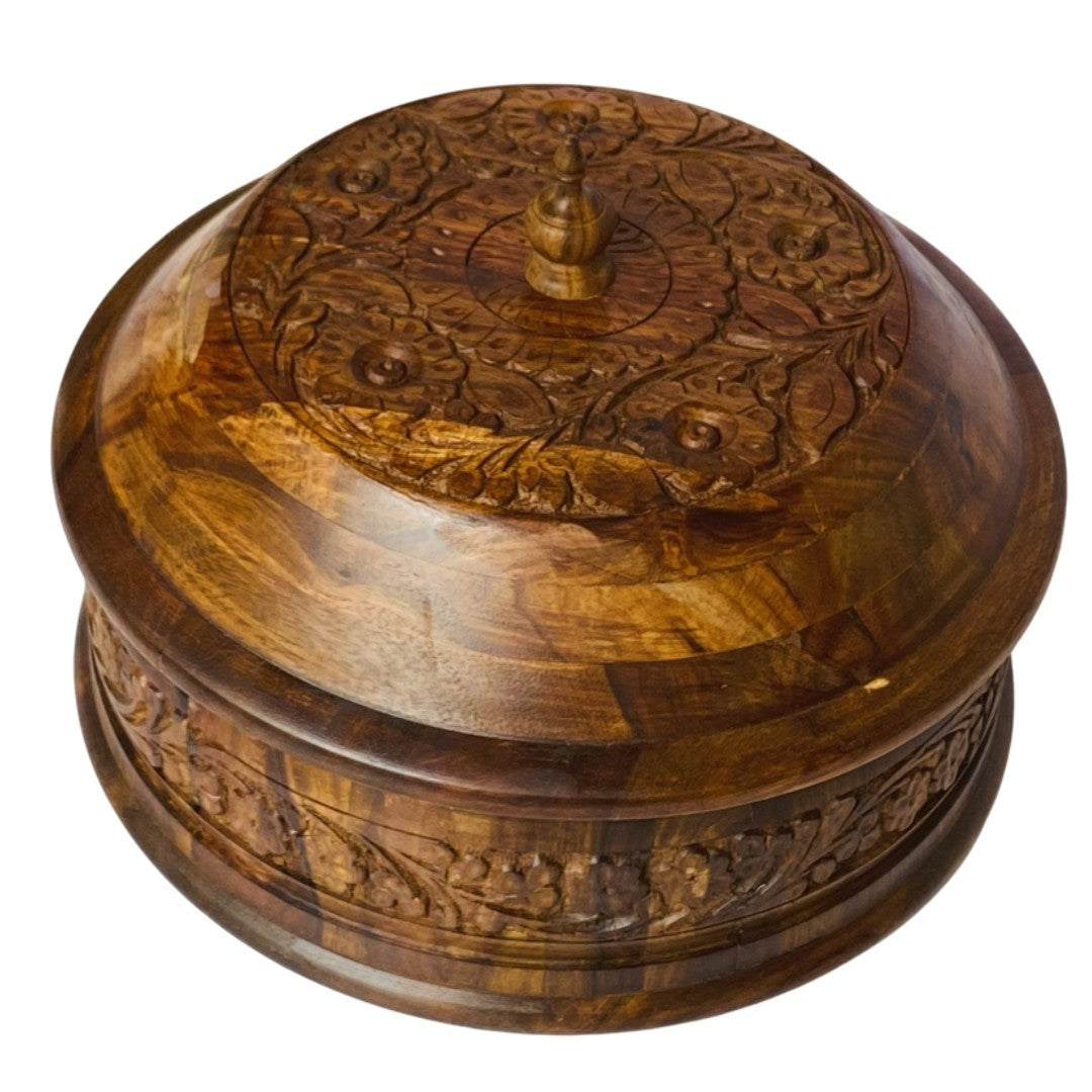 Beautifully carved wooden hotpot with steel interior – elegant insulated food server.