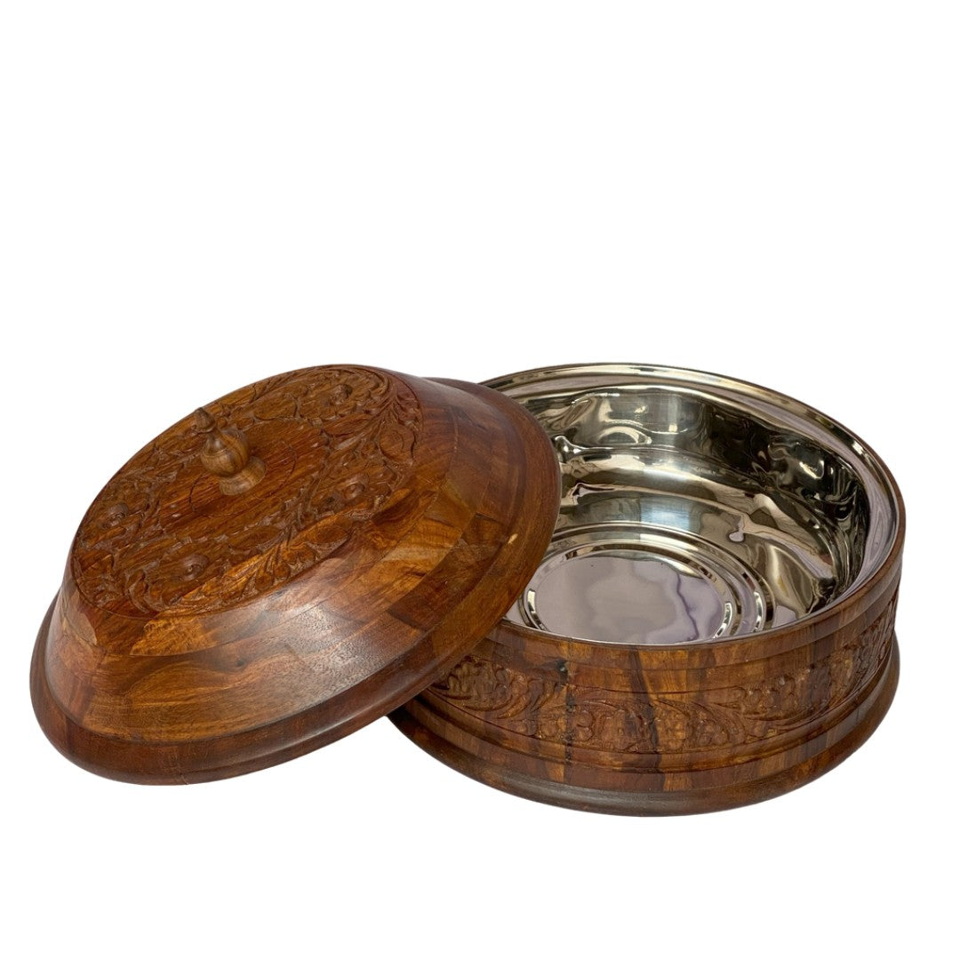 Beautifully carved wooden hotpot with steel interior – elegant insulated food server.