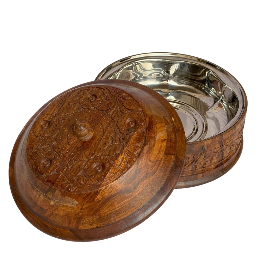 Beautifully carved wooden hotpot with steel interior – elegant insulated food server.