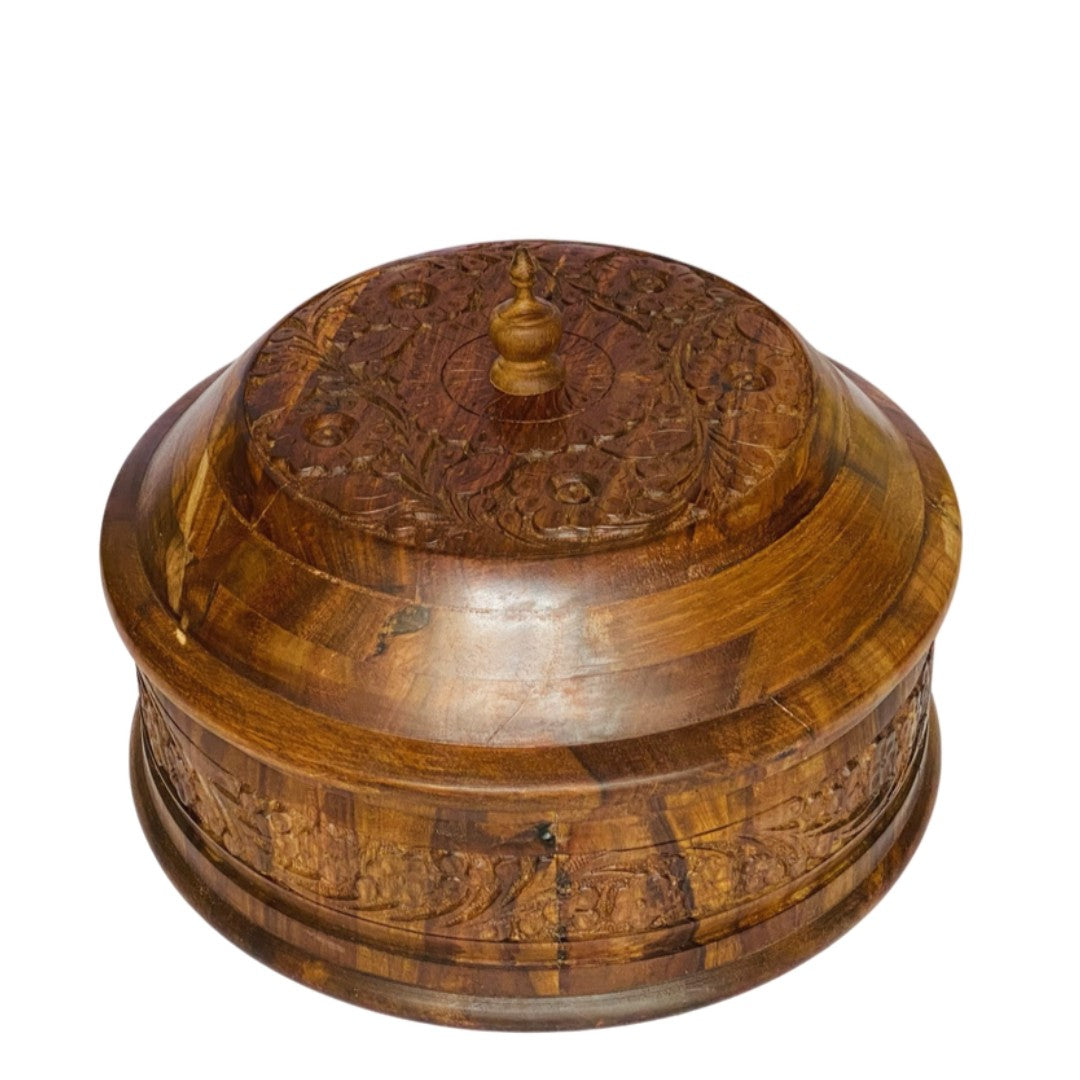 Beautifully carved wooden hotpot with steel interior – elegant insulated food server.