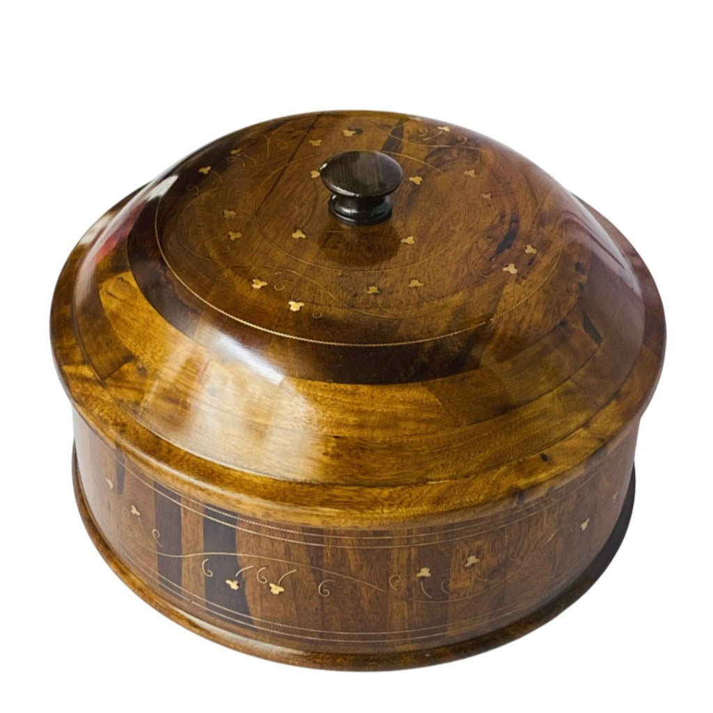 Wooden hotpot with steel and brass interior – premium insulated food server.