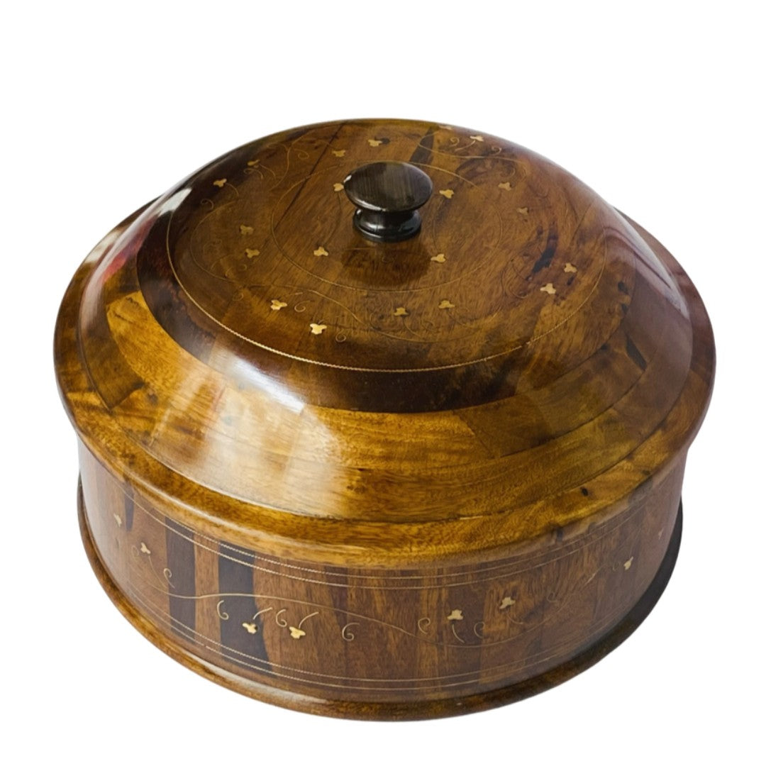 Wooden hotpot with steel and brass interior – premium insulated food server.