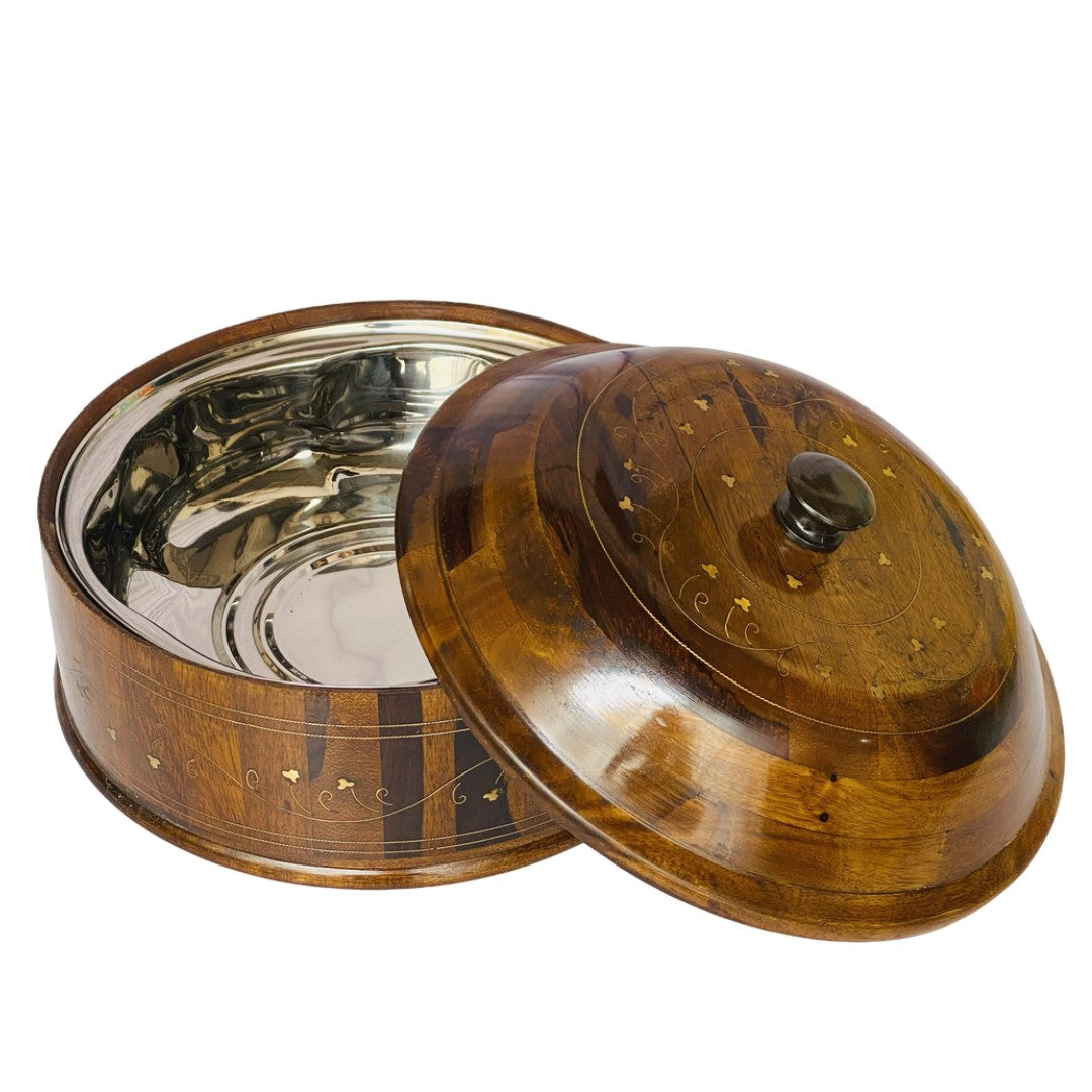 Wooden hotpot with steel and brass interior – premium insulated food server.
