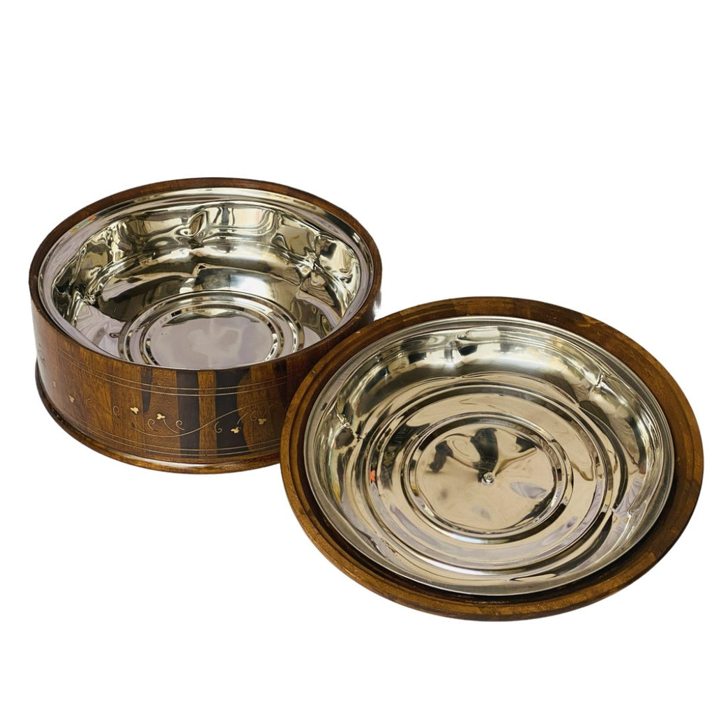 Wooden hotpot with steel and brass interior – premium insulated food server.