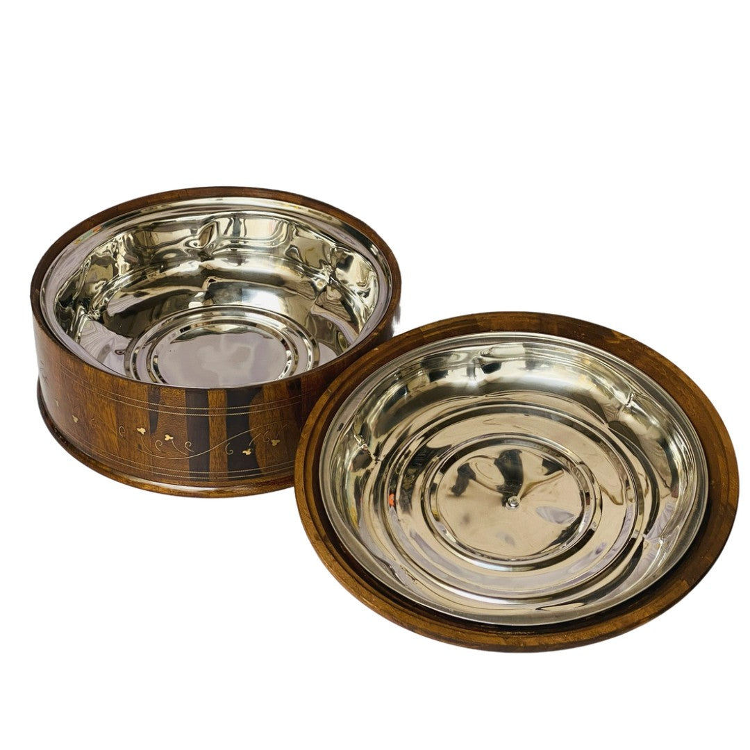 Wooden hotpot with steel and brass interior – premium insulated food server.