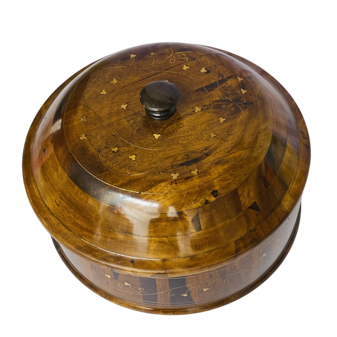 Wooden hotpot with steel and brass interior – premium insulated food server.