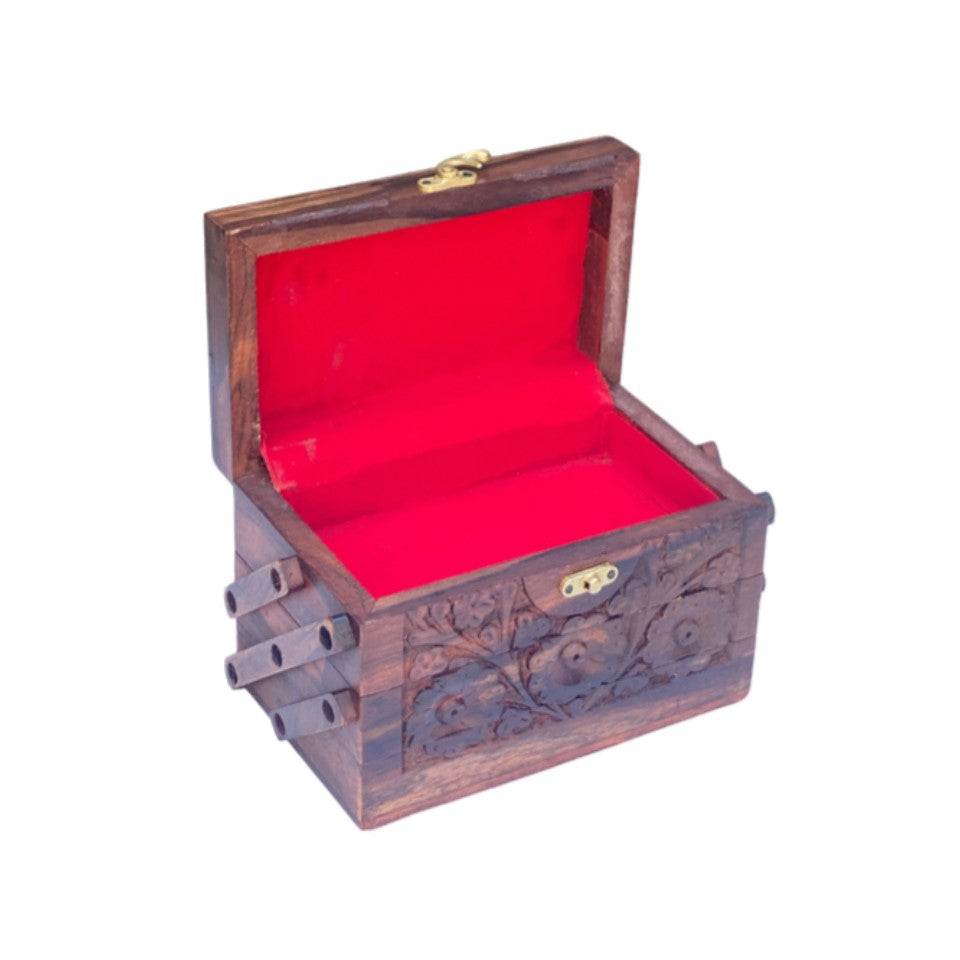 Handcrafted wooden 3-tier jewelry box with intricate floral carvings and red velvet interior, featuring multiple compartments and brass latch.