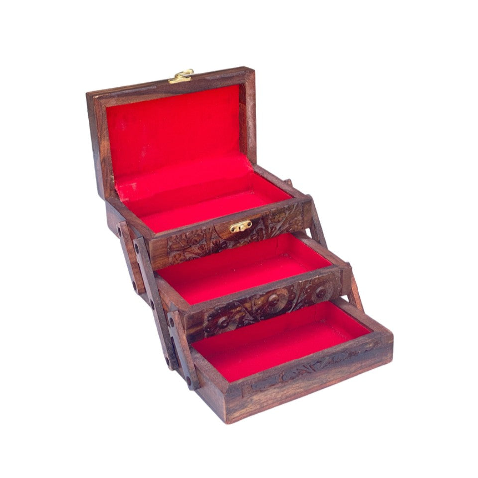 Handcrafted wooden 3-tier jewelry box with intricate floral carvings and red velvet interior, featuring multiple compartments and brass latch.
