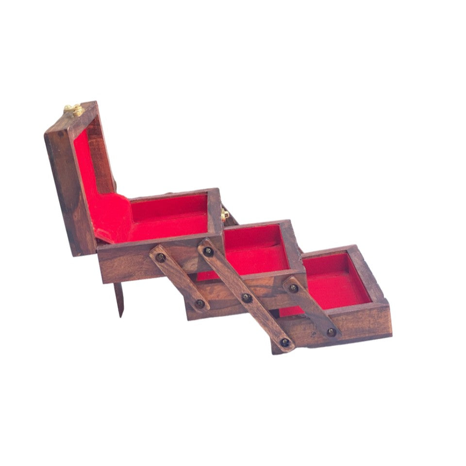 Handcrafted wooden 3-tier jewelry box with intricate floral carvings and red velvet interior, featuring multiple compartments and brass latch.