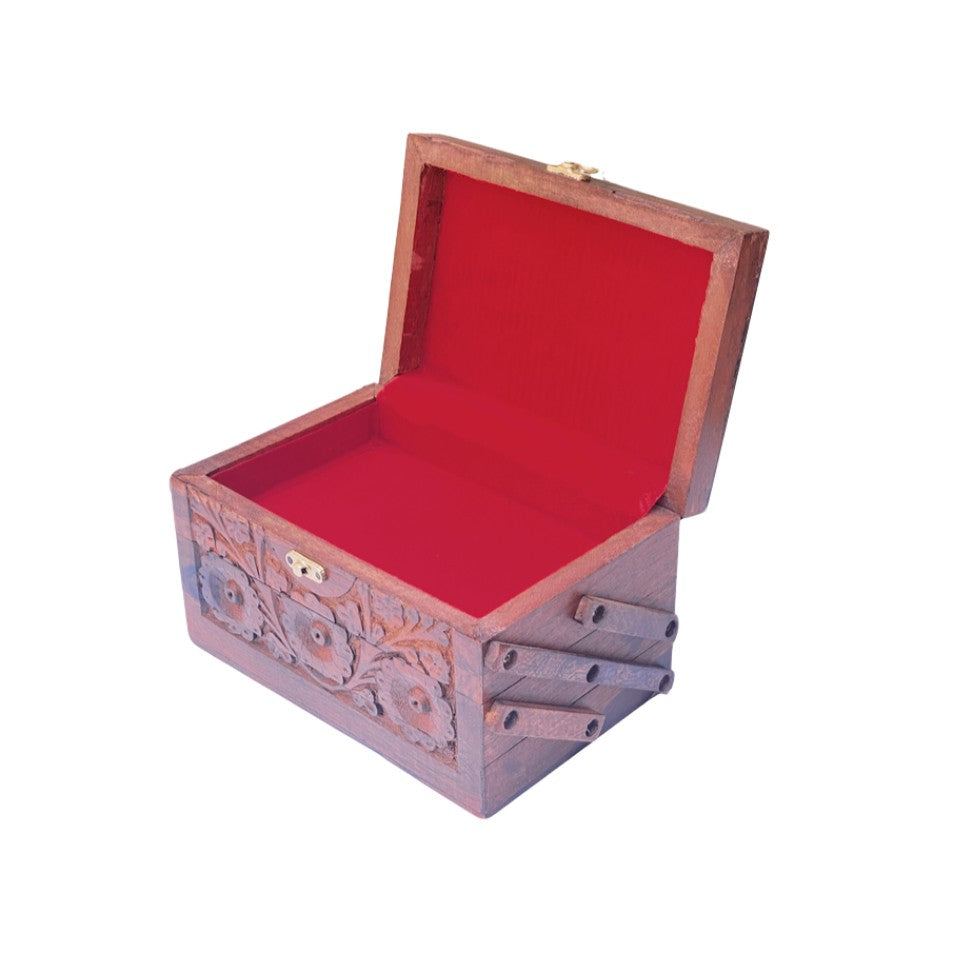 Handcrafted wooden 3-tier jewelry box with intricate floral carvings and red velvet interior, featuring multiple compartments and brass latch.