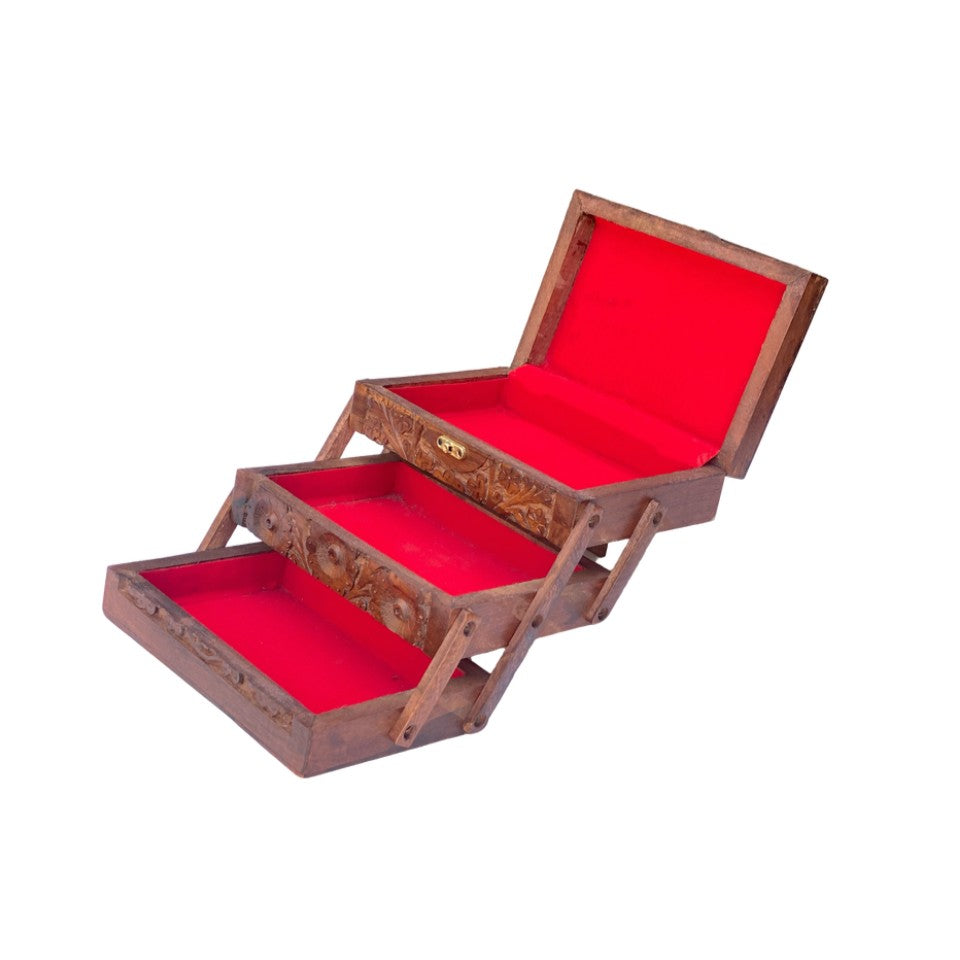 Handcrafted wooden 3-tier jewelry box with intricate floral carvings and red velvet interior, featuring multiple compartments and brass latch.