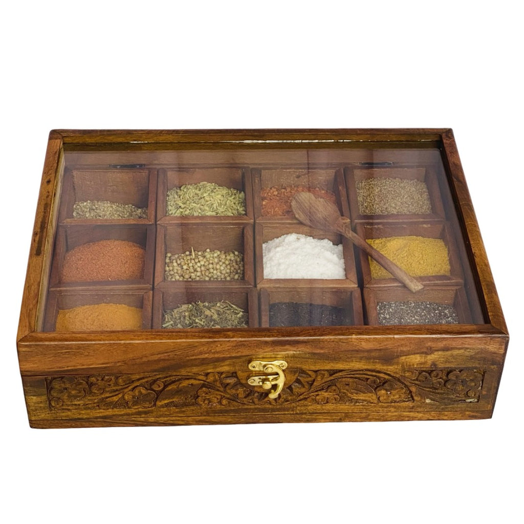 Wooden spice box with 12 compartments – premium kitchen organizer for spices and herbs.