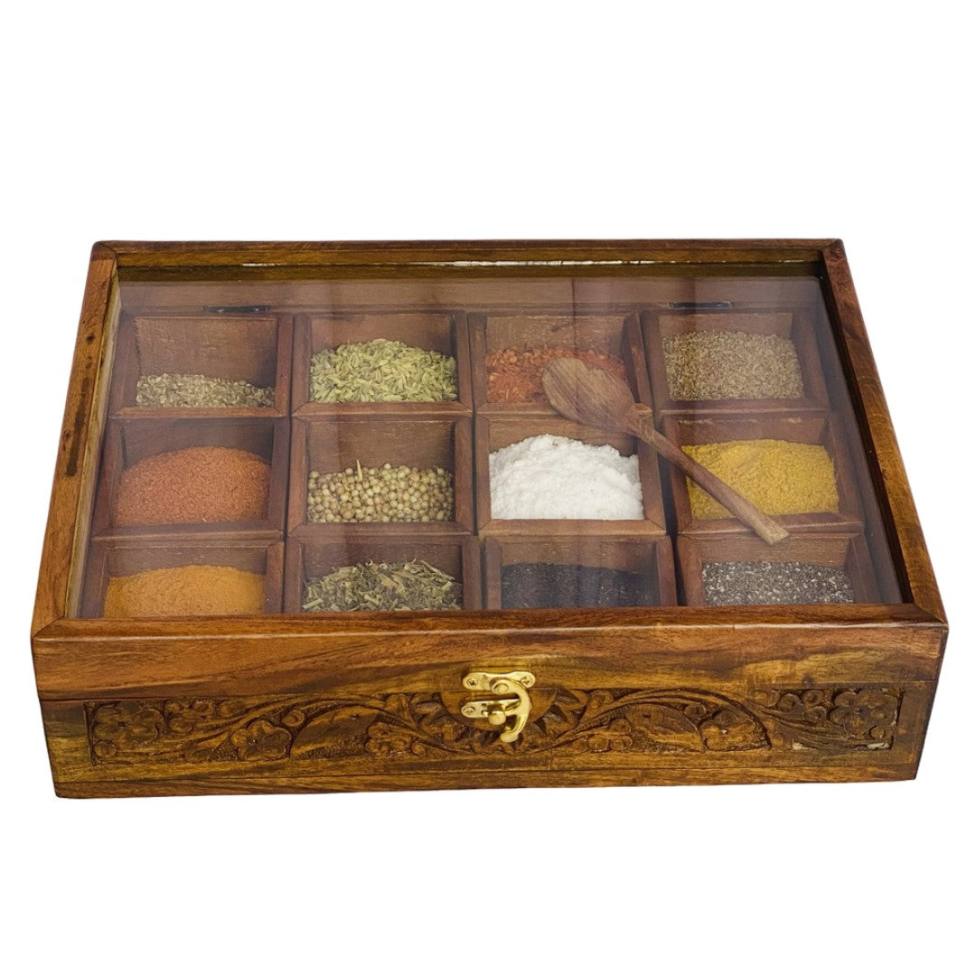 Wooden spice box with 12 compartments – premium kitchen organizer for spices and herbs.
