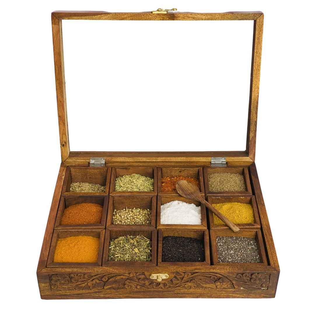 Wooden spice box with 12 compartments – premium kitchen organizer for spices and herbs.