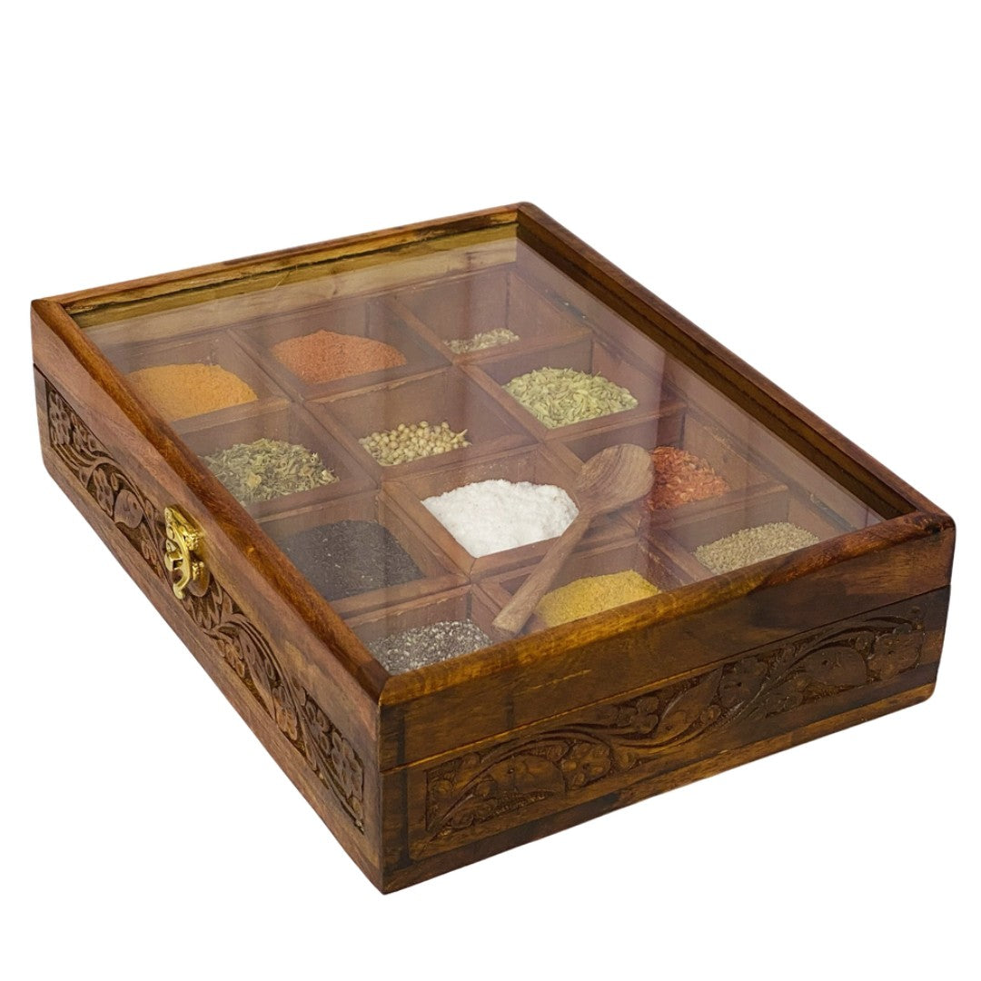 Wooden spice box with 12 compartments – premium kitchen organizer for spices and herbs.