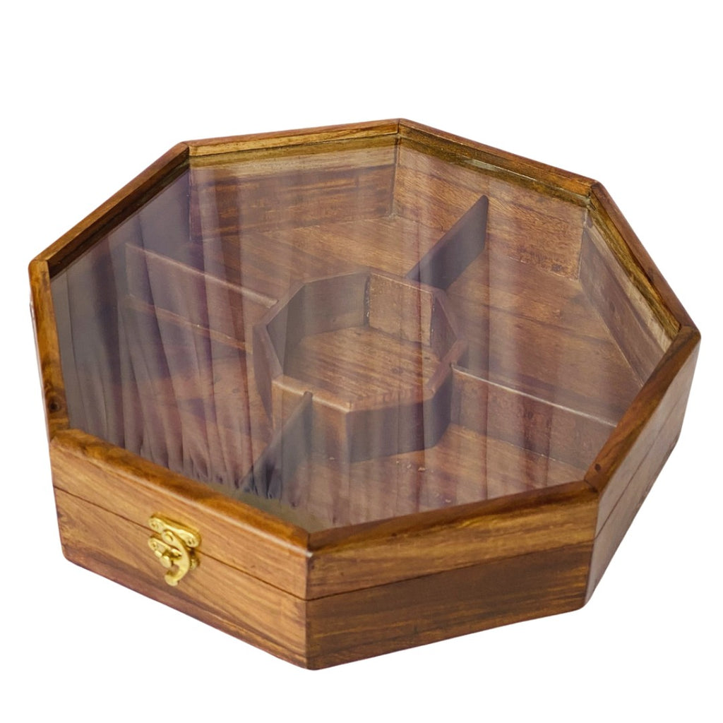 Elegant wooden dry fruit box with multiple compartments – perfect for serving and storage