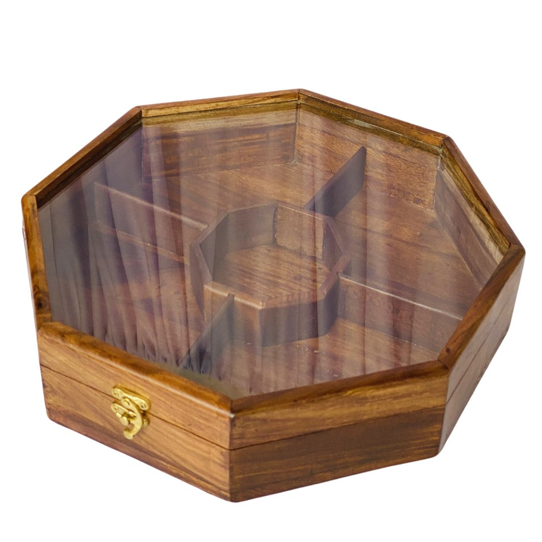 Elegant wooden dry fruit box with multiple compartments – perfect for serving and storage