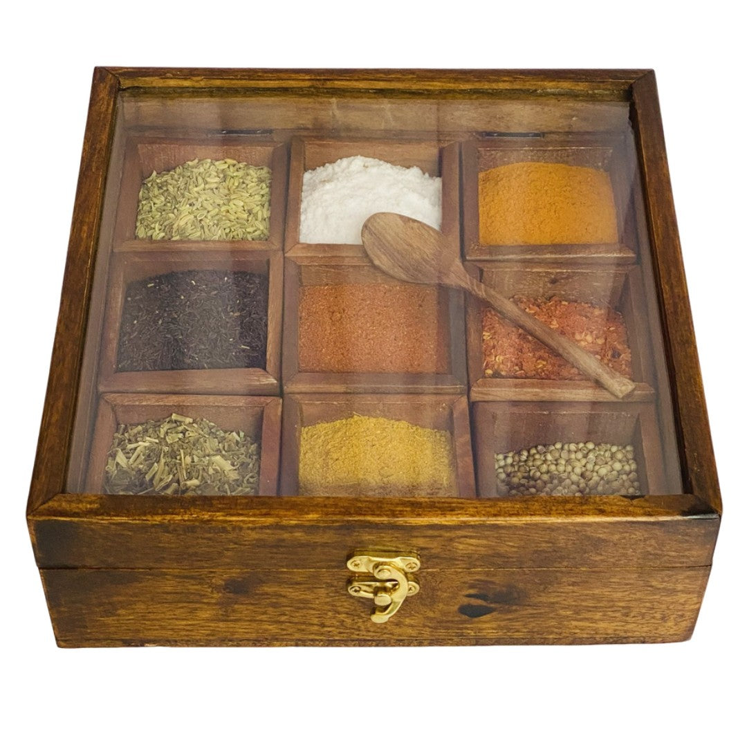 Wooden spice box with 9 compartments – elegant kitchen organizer for spices and herbs.