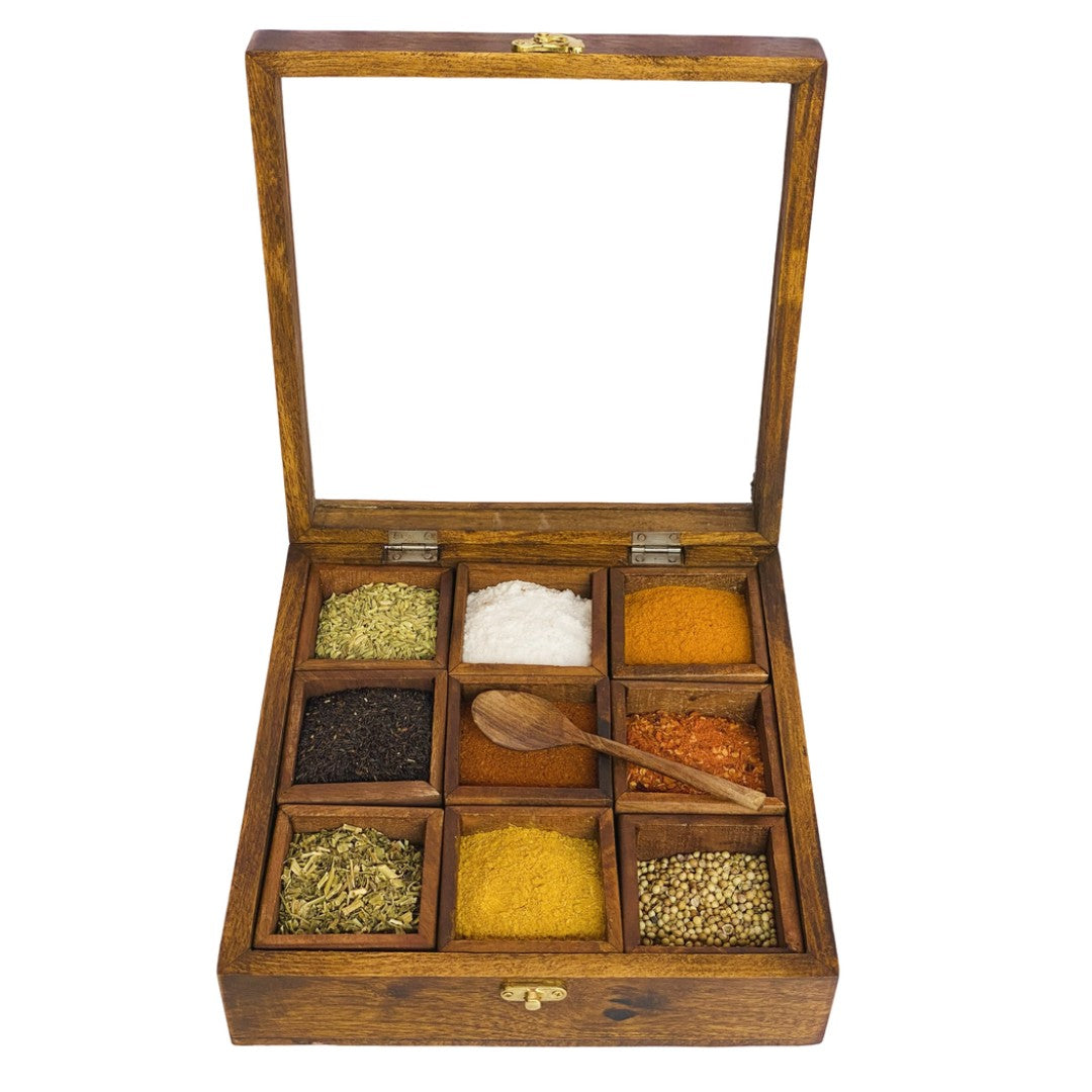 Wooden spice box with 9 compartments – elegant kitchen organizer for spices and herbs.