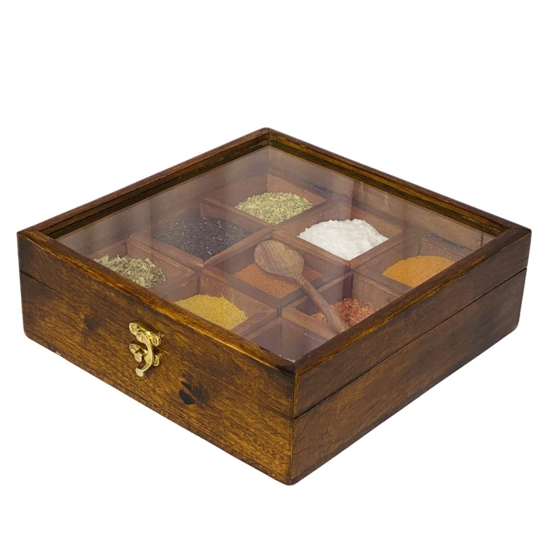 Wooden spice box with 9 compartments – elegant kitchen organizer for spices and herbs.