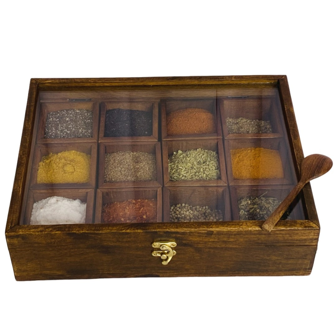 Wooden spice box with 12 compartments – premium kitchen organizer for spices and herbs.