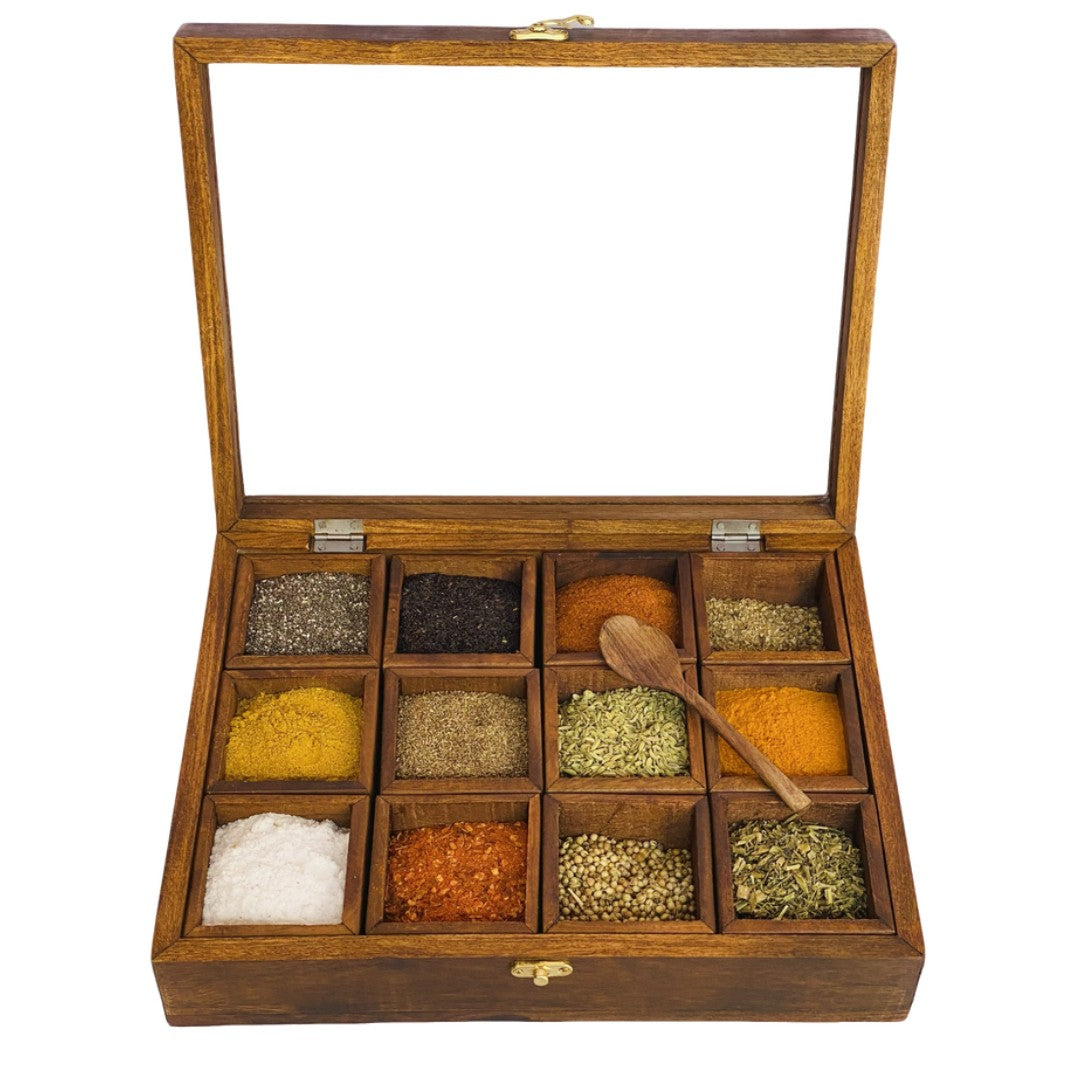 Wooden spice box with 12 compartments – premium kitchen organizer for spices and herbs.