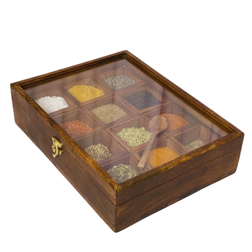 Wooden spice box with 12 compartments – premium kitchen organizer for spices and herbs.