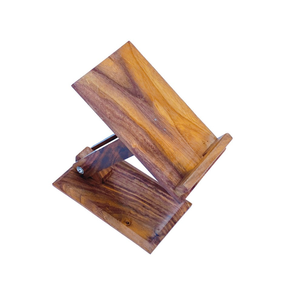 Adjustable handcrafted wooden mobile stand for desk or table – perfect for hands-free phone viewing.