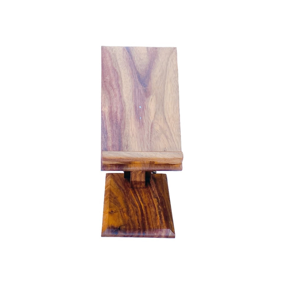 Adjustable handcrafted wooden mobile stand for desk or table – perfect for hands-free phone viewing.