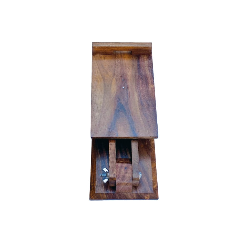 Adjustable handcrafted wooden mobile stand for desk or table – perfect for hands-free phone viewing.