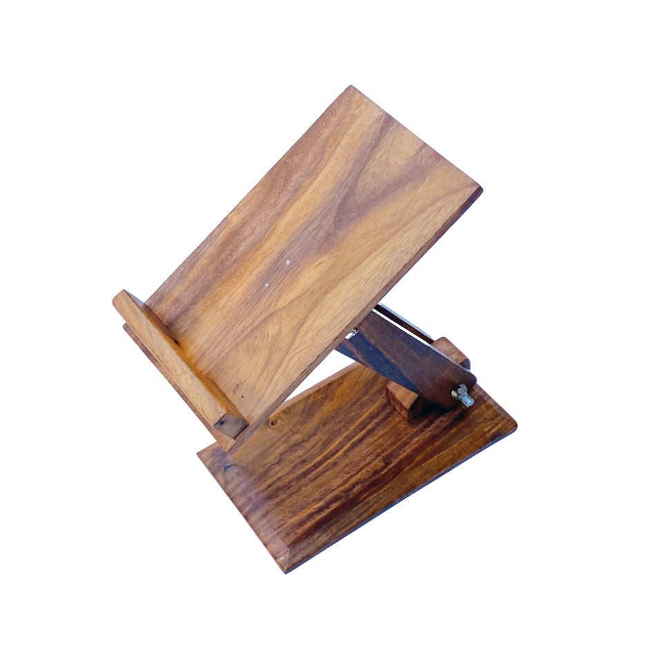 Adjustable handcrafted wooden mobile stand for desk or table – perfect for hands-free phone viewing.