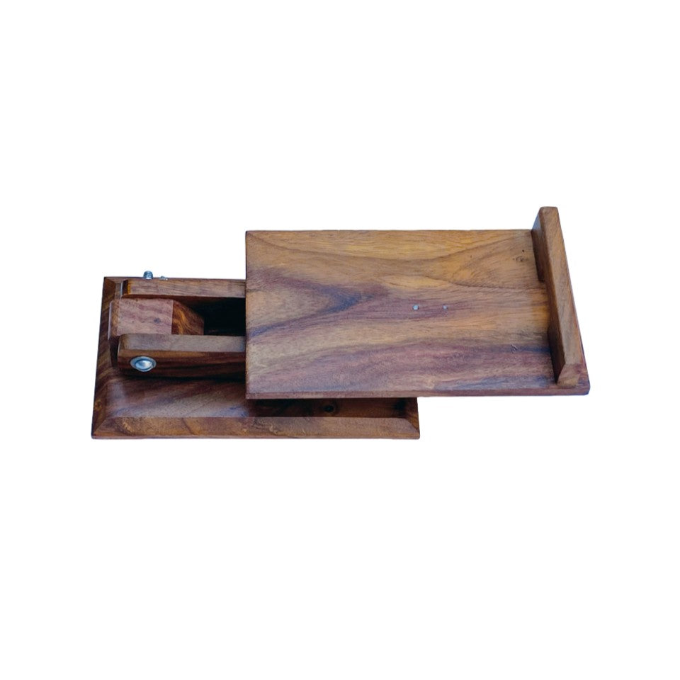 Adjustable handcrafted wooden mobile stand for desk or table – perfect for hands-free phone viewing.