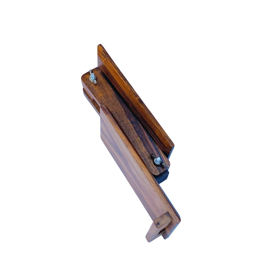 Adjustable handcrafted wooden mobile stand for desk or table – perfect for hands-free phone viewing.