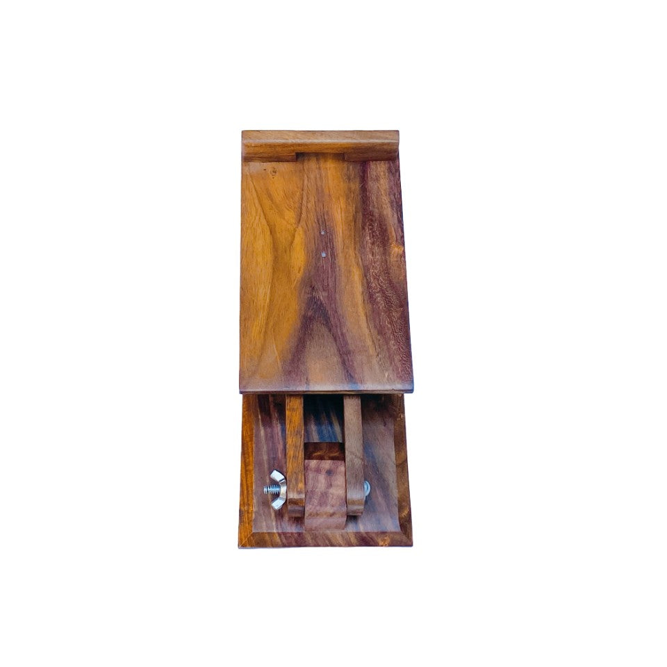 Adjustable handcrafted wooden mobile stand for desk or table – perfect for hands-free phone viewing.
