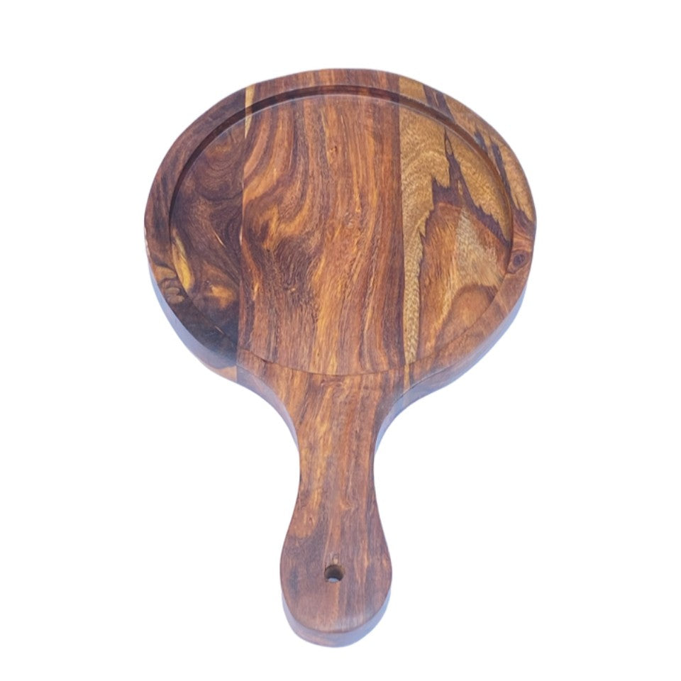 Set of three handcrafted wooden serving platters with natural acacia wood grain patterns and handles, arranged in a nested display