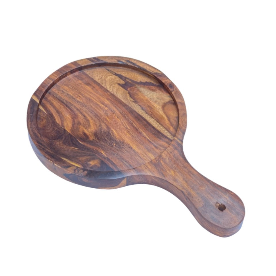 Set of three handcrafted wooden serving platters with natural acacia wood grain patterns and handles, arranged in a nested display