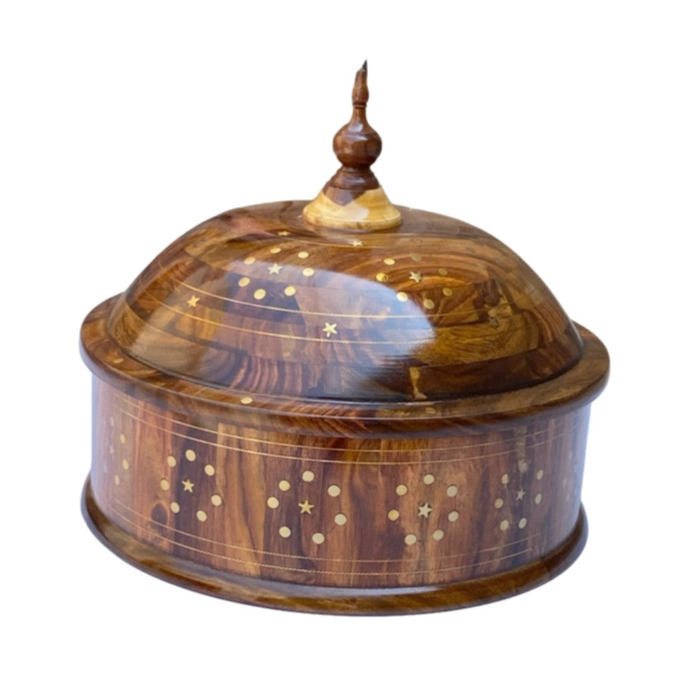 Steel-brass hotpot with wooden lid open showing stainless steel interior and brass inlay details.