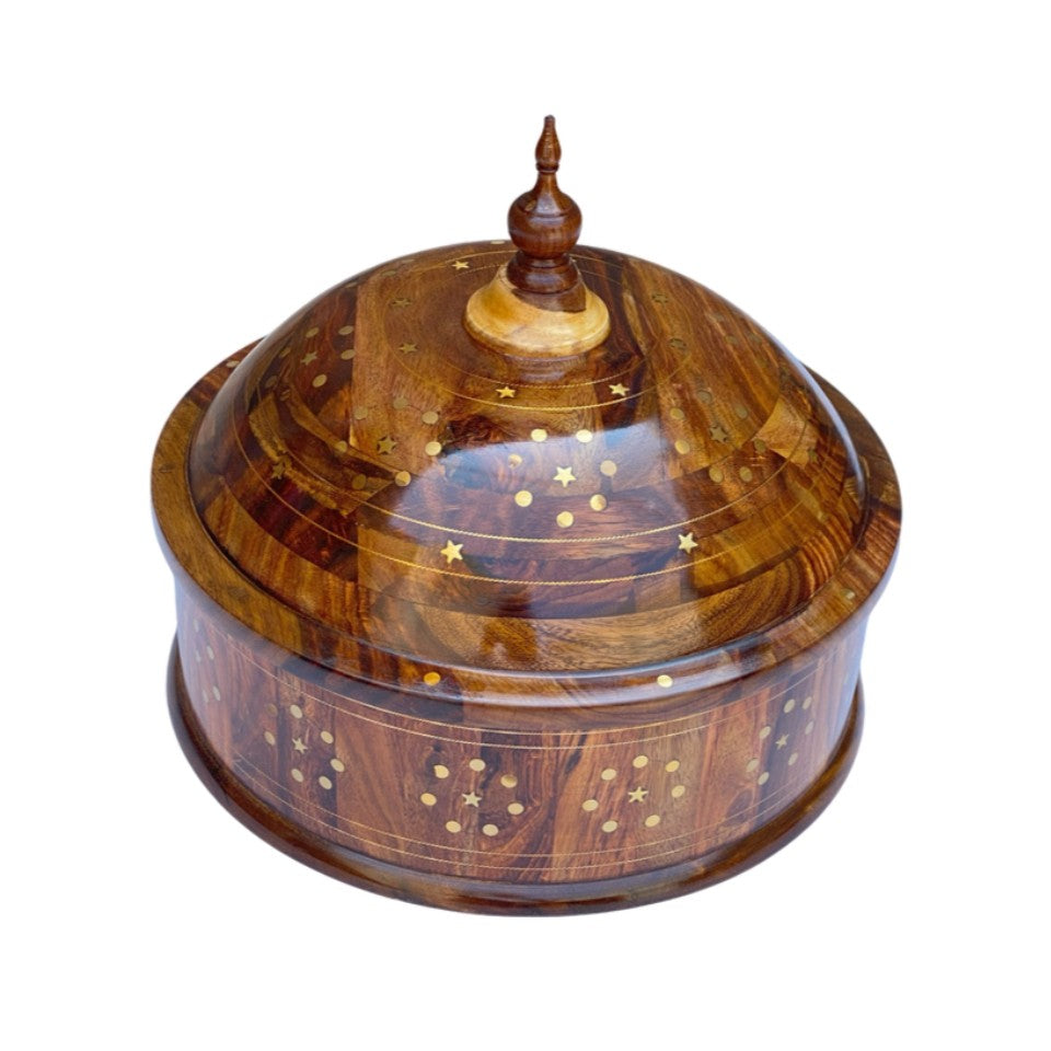 Steel-brass hotpot with wooden lid open showing stainless steel interior and brass inlay details.
