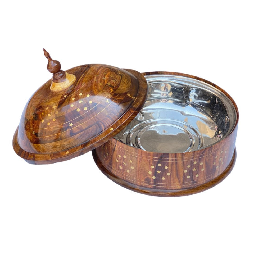 Steel-brass hotpot with wooden lid open showing stainless steel interior and brass inlay details.