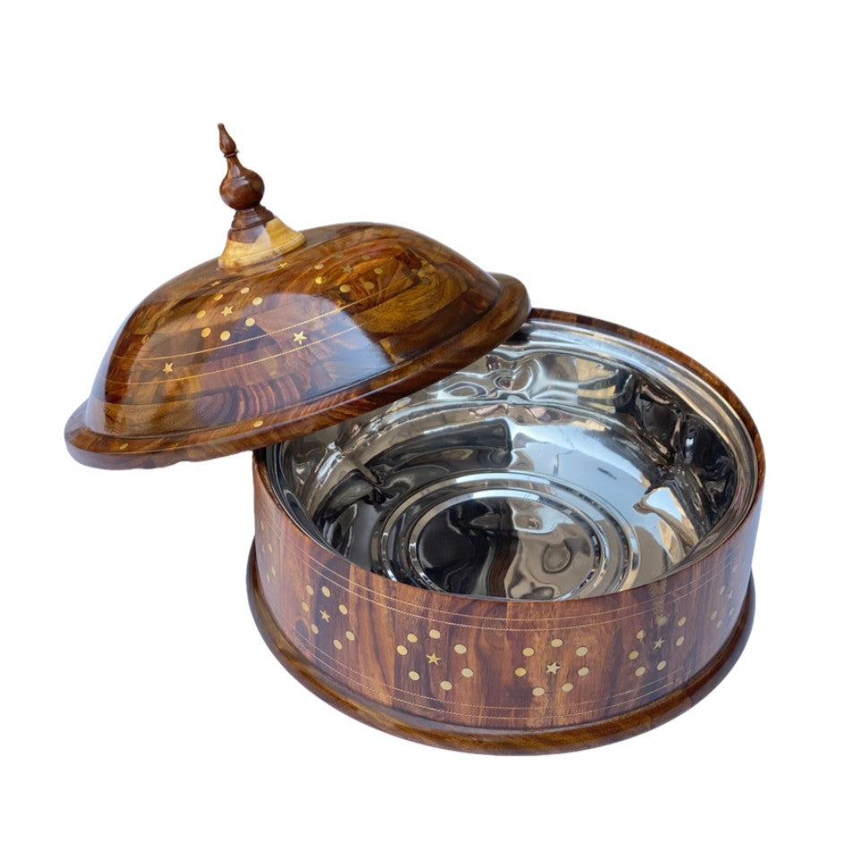 Steel-brass hotpot with wooden lid open showing stainless steel interior and brass inlay details.