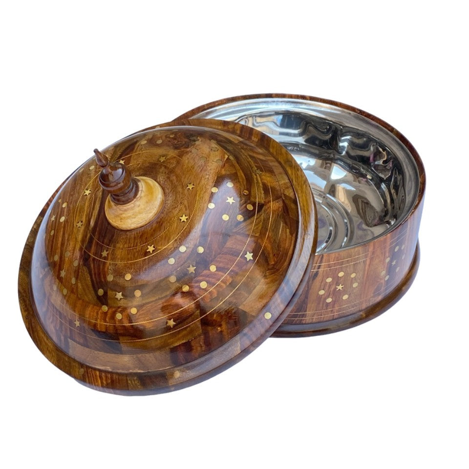 Steel-brass hotpot with wooden lid open showing stainless steel interior and brass inlay details.