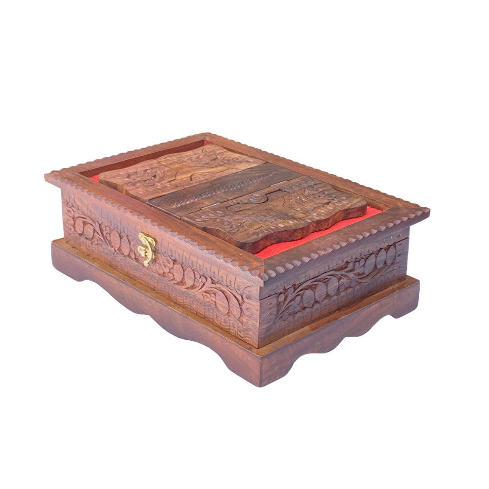 Hand-carved wooden Quran box with foldable rehal stand and red velvet interior – ideal for storage and gifting.