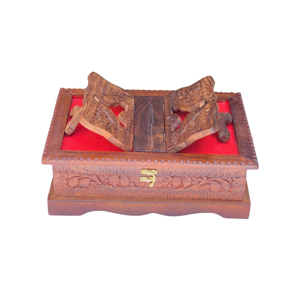 Hand-carved wooden Quran box with foldable rehal stand and red velvet interior – ideal for storage and gifting.