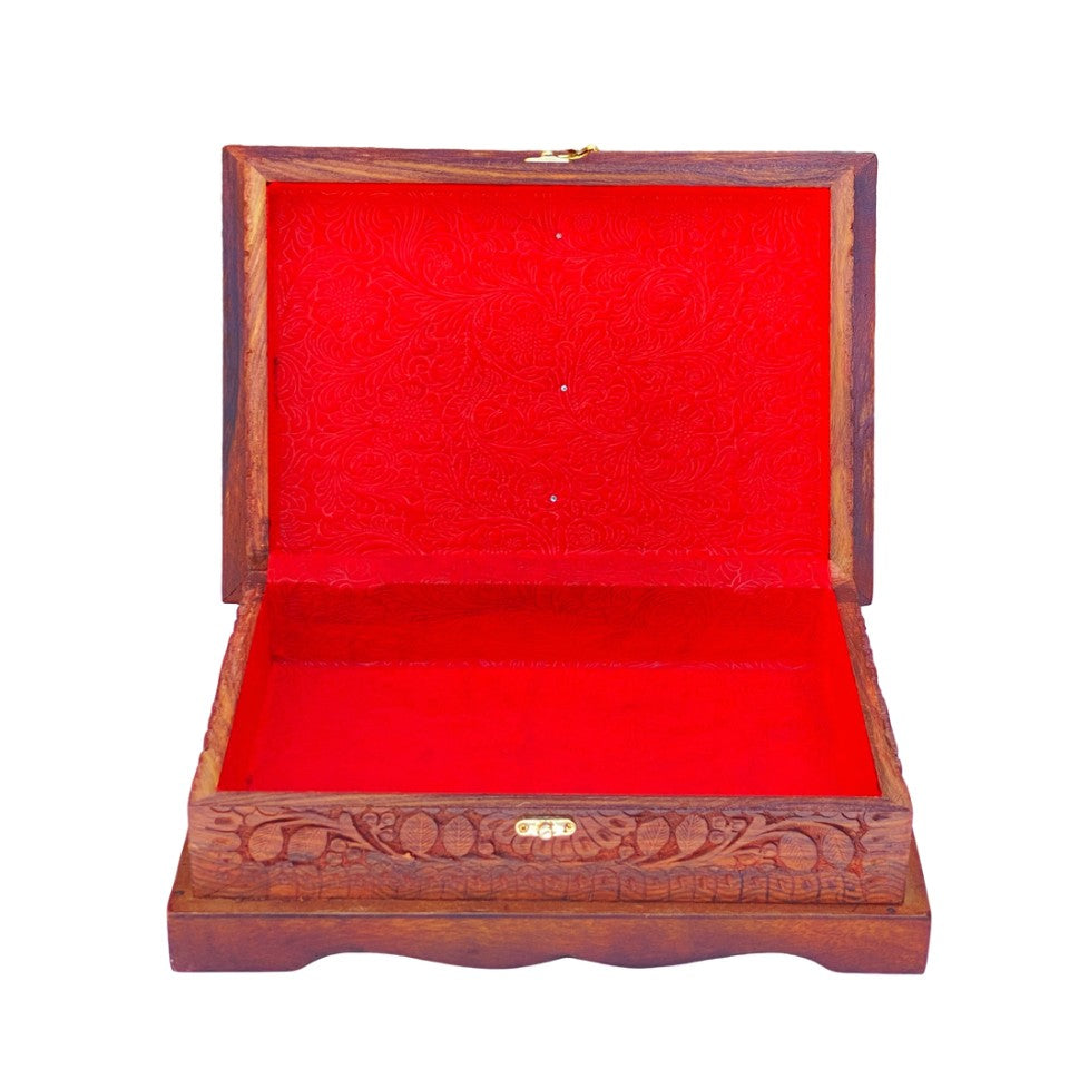 Hand-carved wooden Quran box with foldable rehal stand and red velvet interior – ideal for storage and gifting.